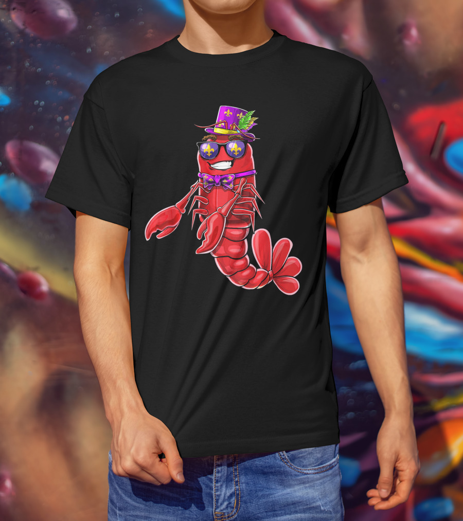 Flossing Crawfish In Mardi Gras Jester Hat With Beads And Fleur-de-lis Glasses T-Shirt