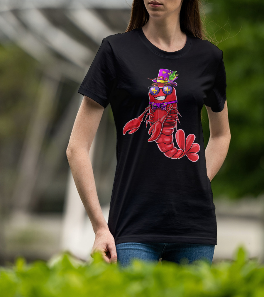 Flossing Crawfish In Mardi Gras Jester Hat With Beads And Fleur-de-lis Glasses T-Shirt