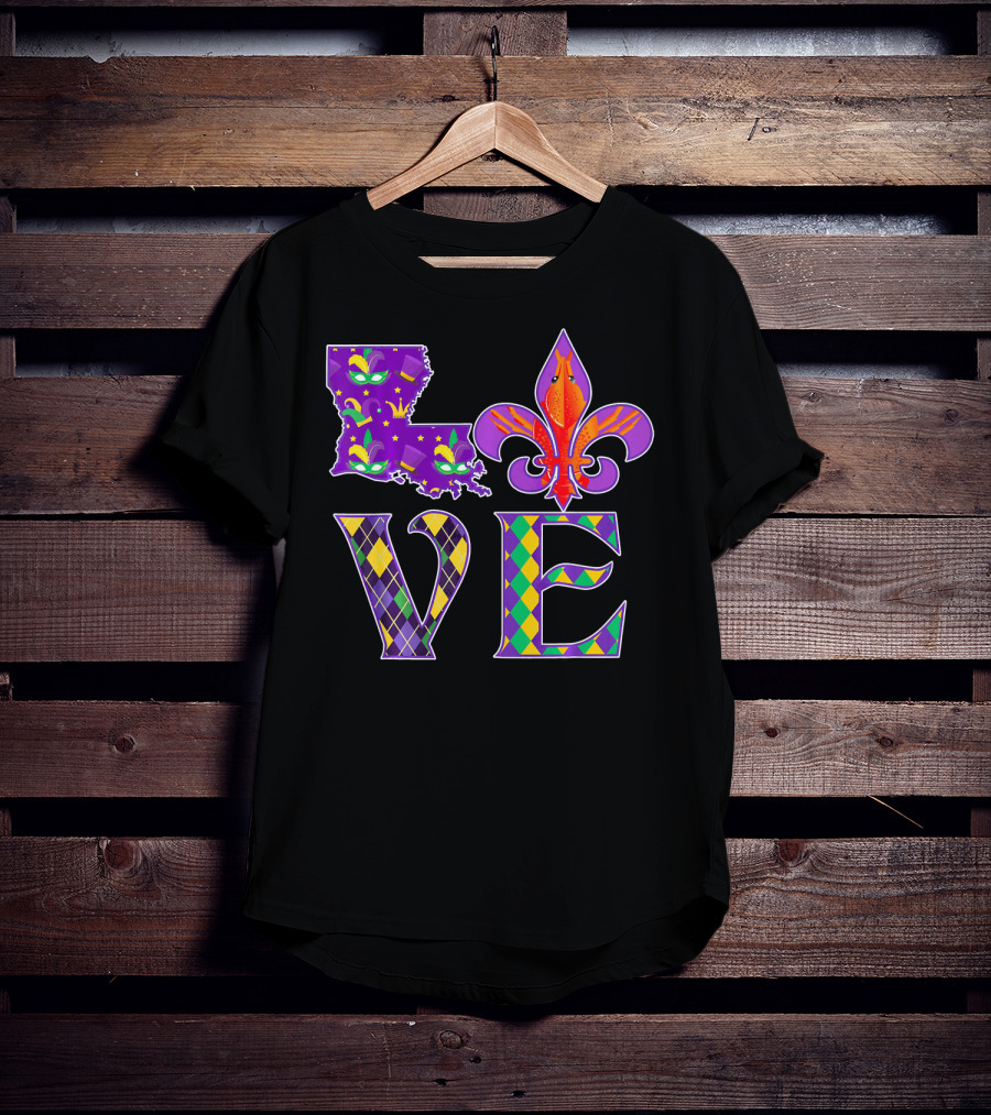 Louisiana Mardi Gras Love Fleur DE Lis Crawfish T-Shirt