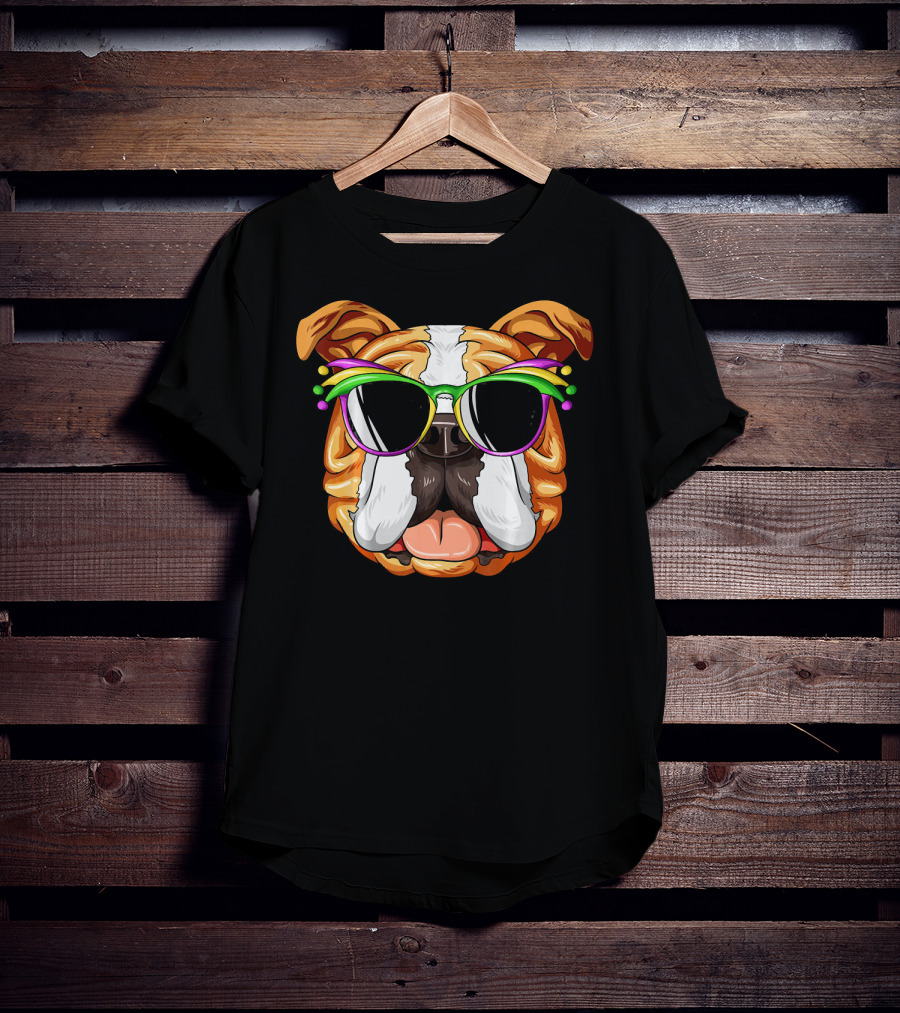English Bulldog Wearing Colorful Mardi Gras Carnival Mask Glasses T-Shirt