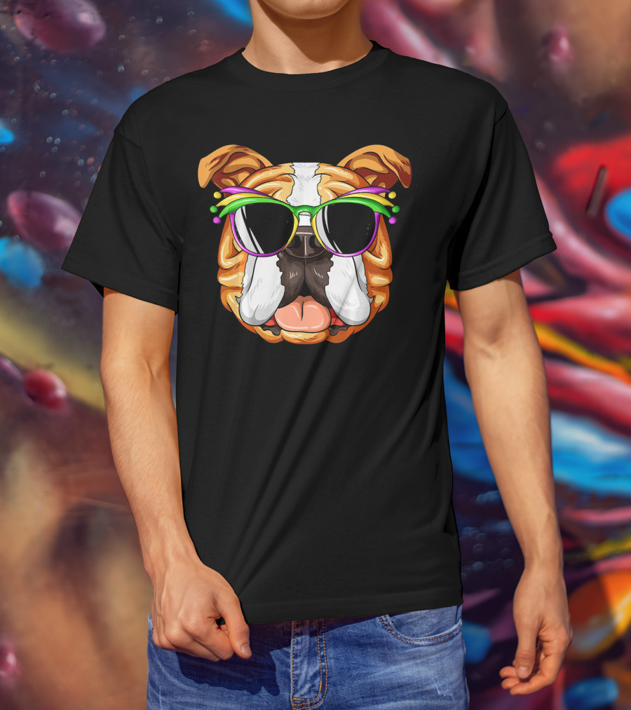 English Bulldog Wearing Colorful Mardi Gras Carnival Mask Glasses T-Shirt