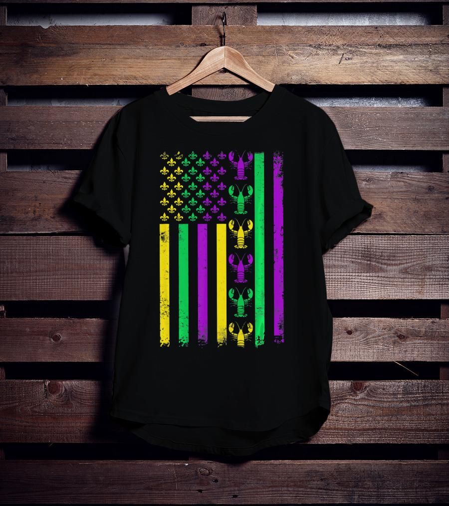 American Flag Mardi Gras Crawfish Fleur-de-Lis T-Shirt