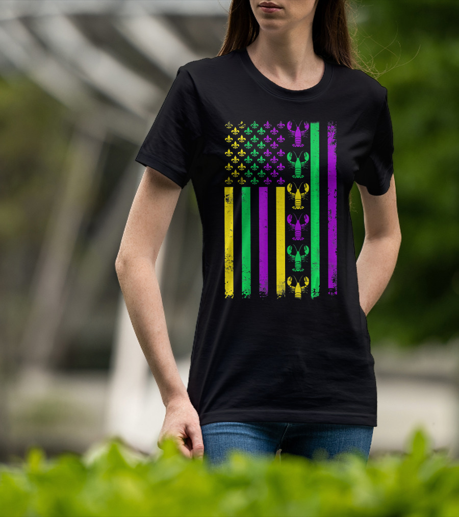 American Flag Mardi Gras Crawfish Fleur-de-Lis T-Shirt