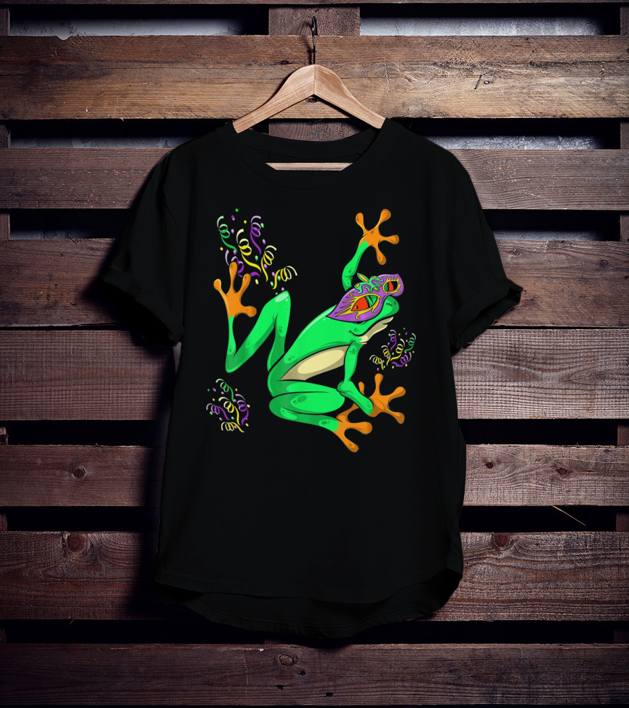 Frog In Mardi Gras Mask With Party Streamers T-Shirt