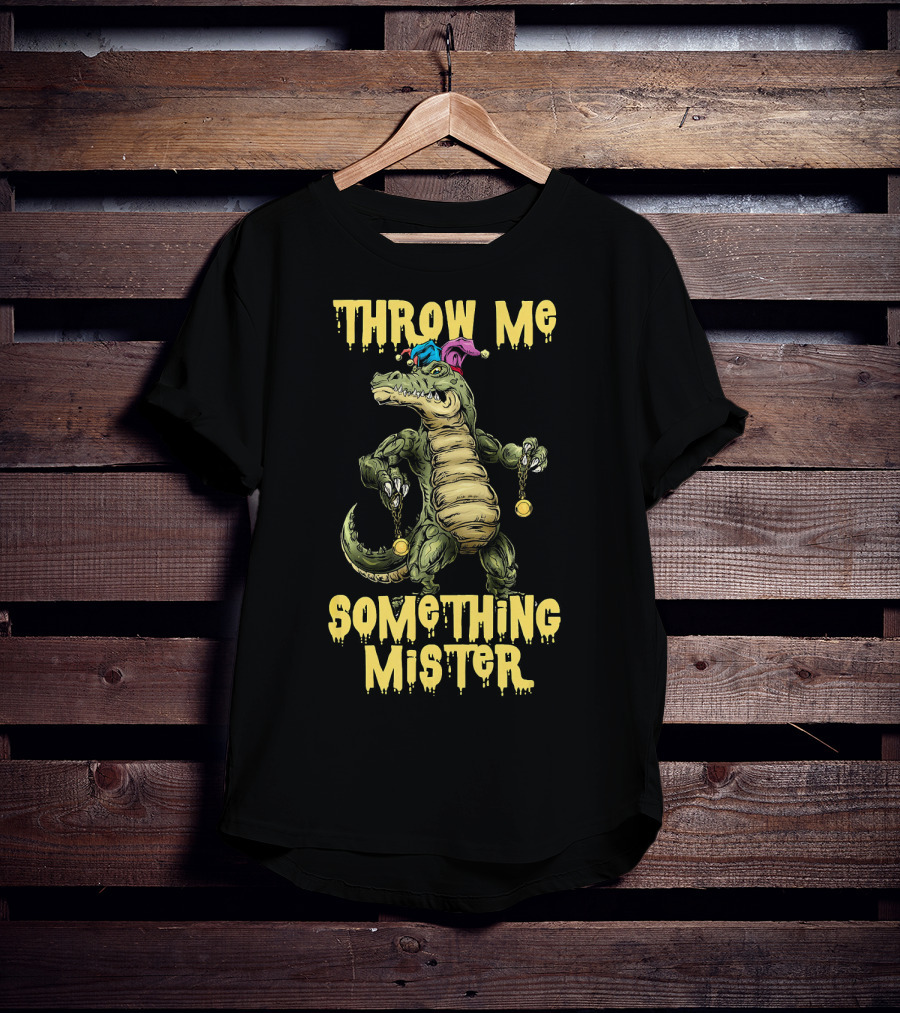 Throw Me Something Mister Mardi Gras Alligator With Beads And Jester Hat T-Shirt