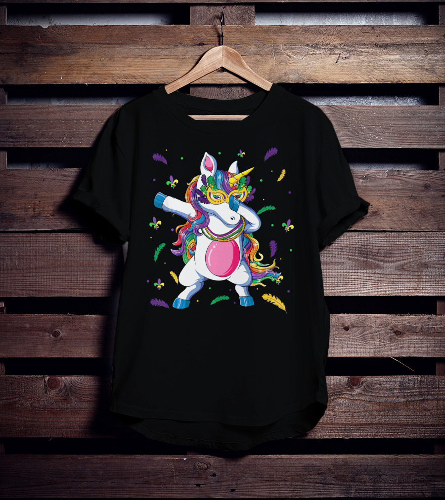 Dabbing Unicorn Mardi Gras Mask Colorful Beads Feathers Fleur-de-lis T-Shirt