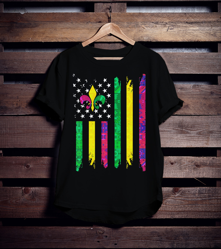 Mardi Gras Colors Fleur De Lis American Flag T-Shirt