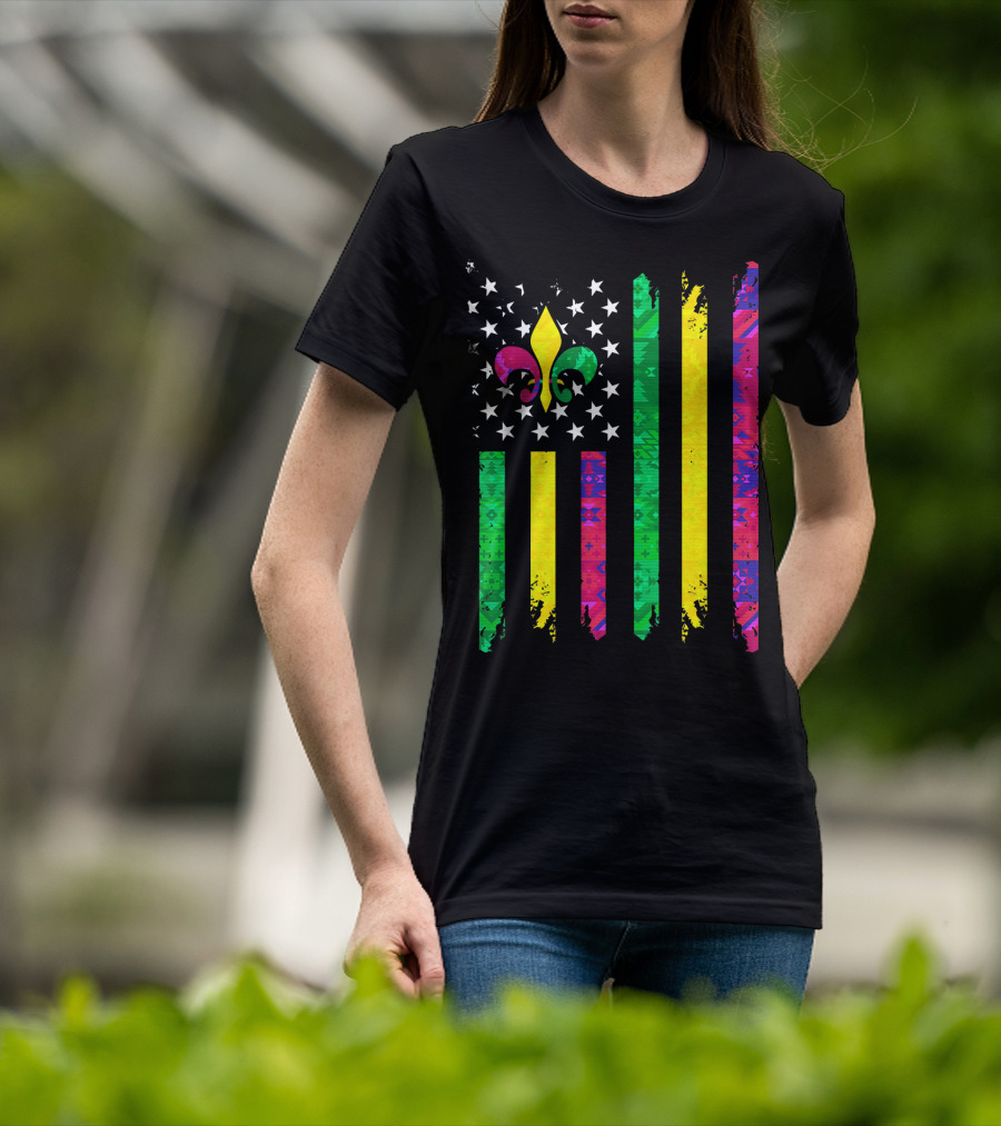 Mardi Gras Colors Fleur De Lis American Flag T-Shirt