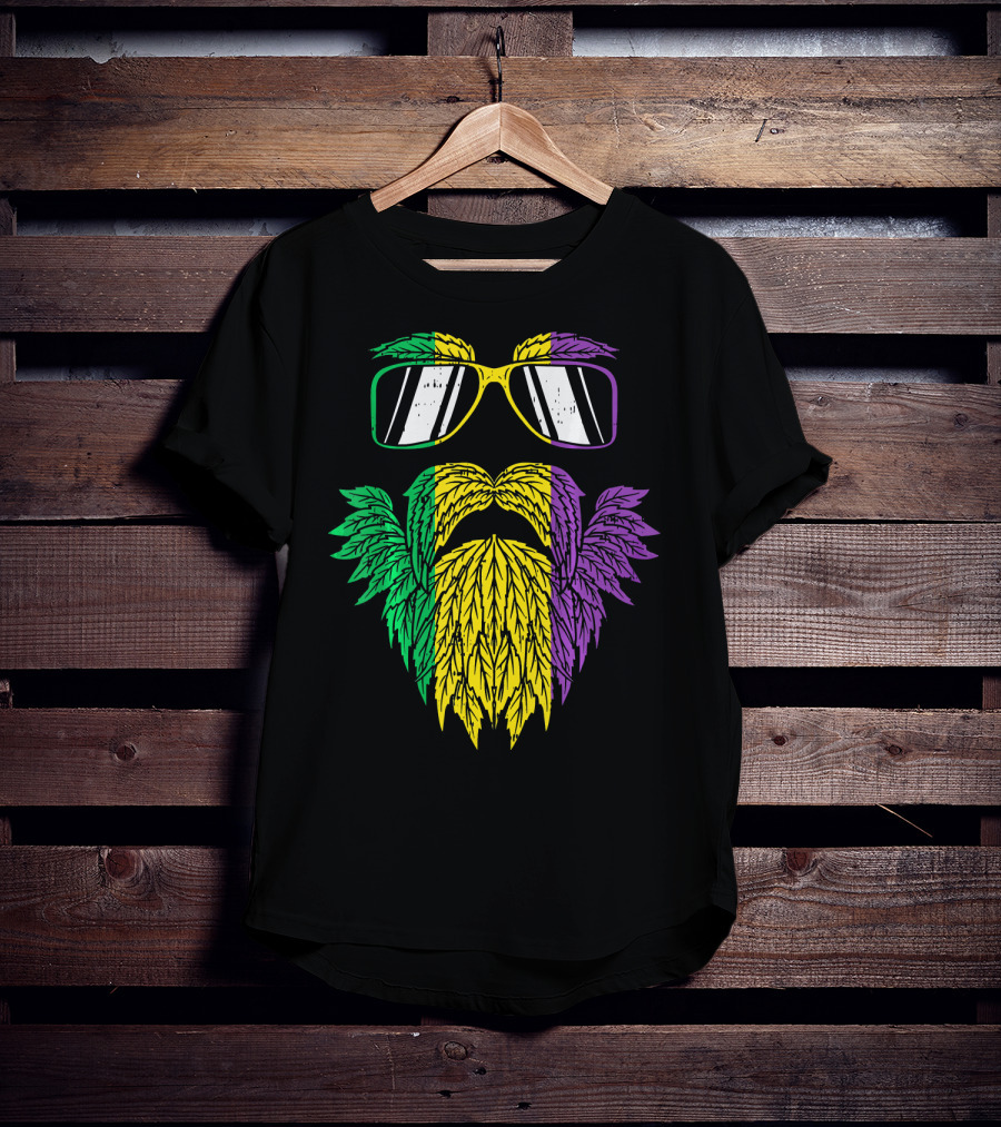 Purple Green Yellow Beard Sunglasses Mardi Gras Hipster T-Shirt