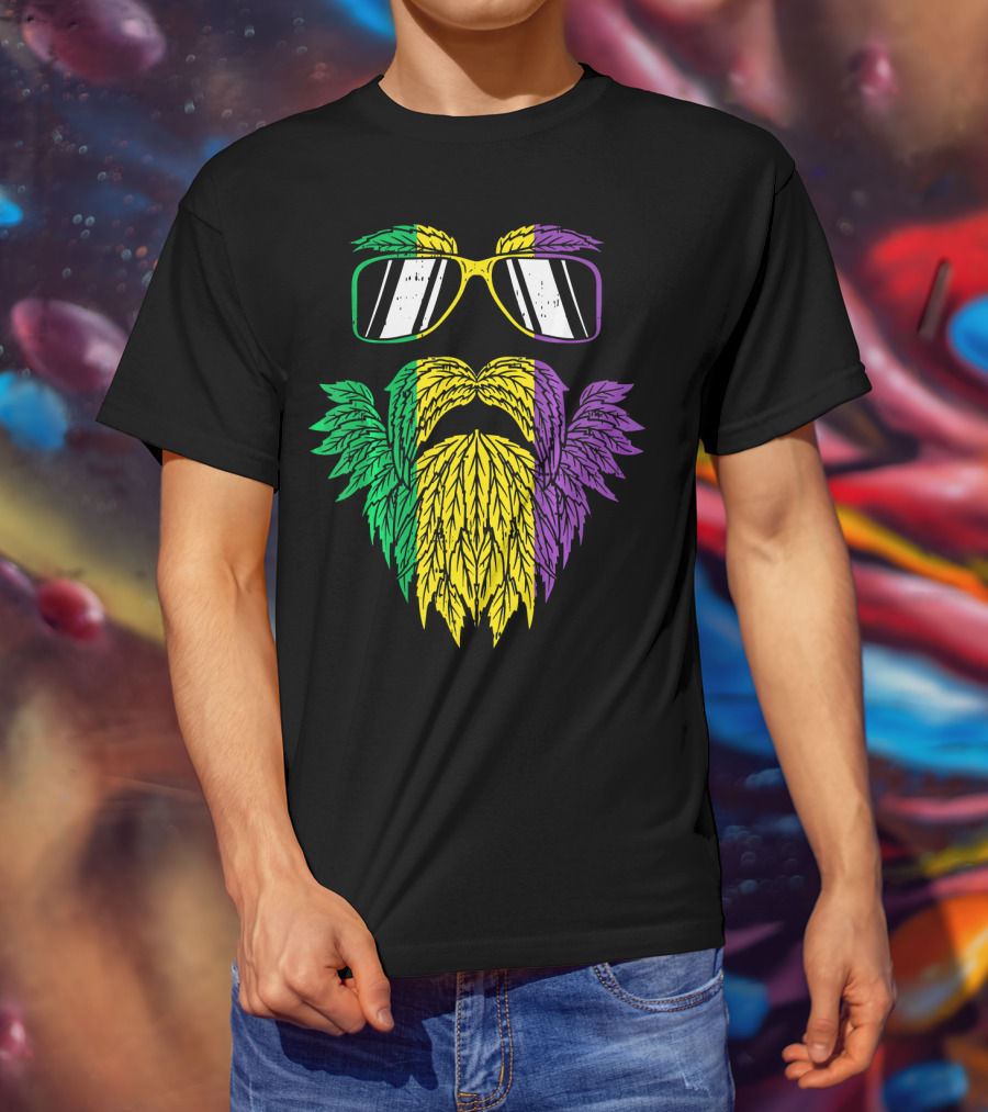 Purple Green Yellow Beard Sunglasses Mardi Gras Hipster T-Shirt