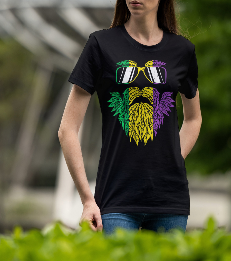 Purple Green Yellow Beard Sunglasses Mardi Gras Hipster T-Shirt