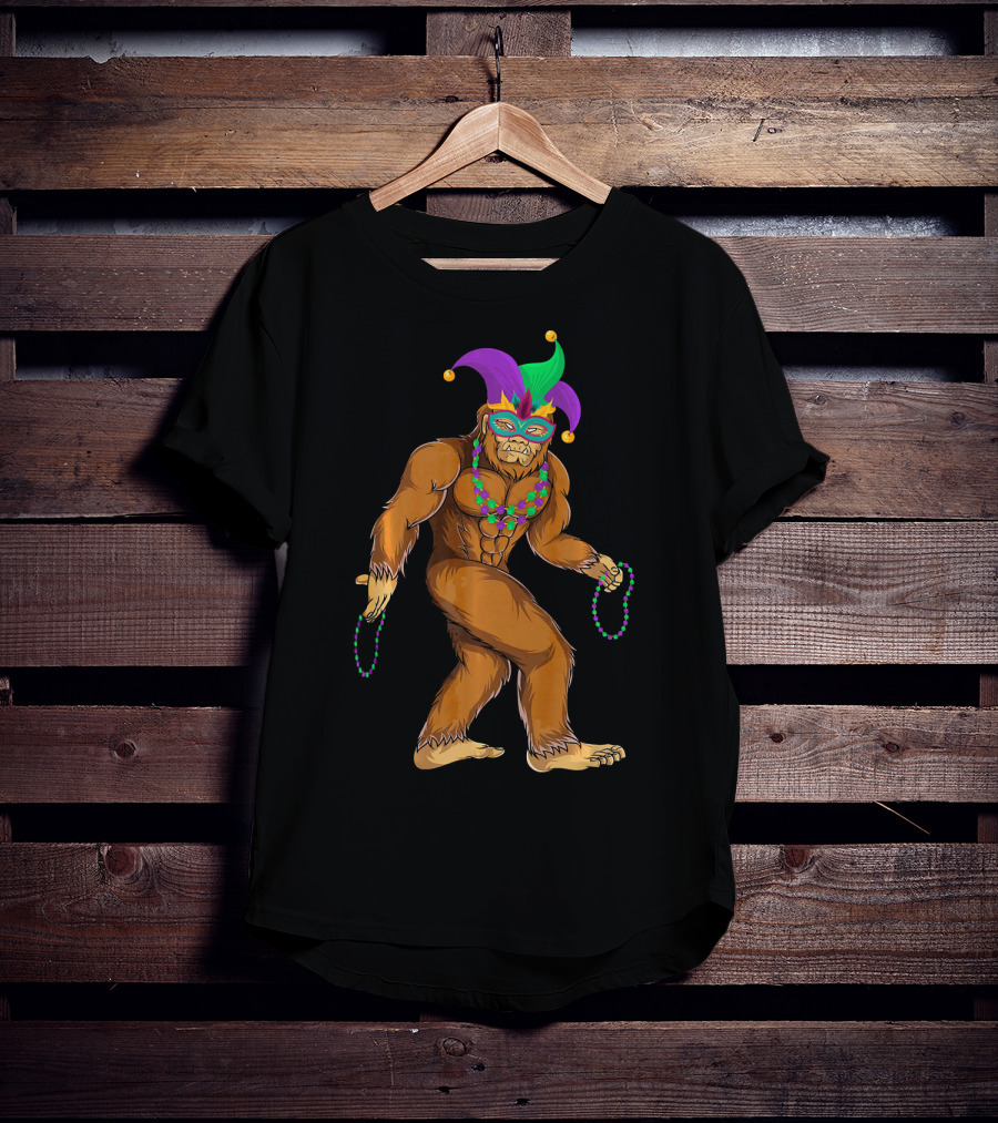 Mardi Gras Bigfoot Wearing Jester Hat Mask And Beads T-Shirt