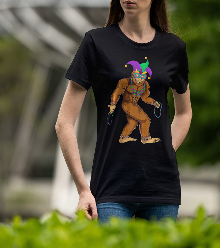 Mardi Gras Bigfoot Wearing Jester Hat Mask And Beads T-Shirt