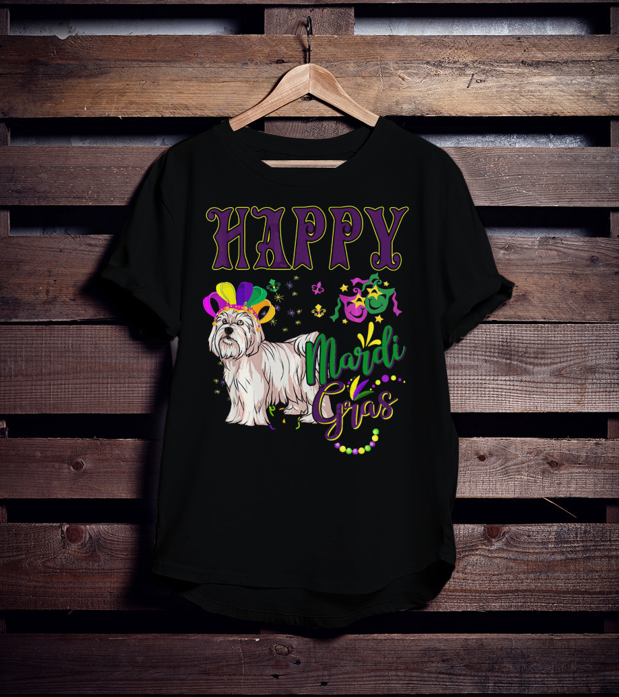 Happy Mardi Gras Maltese With Colorful Masks And Beads T-Shirt
