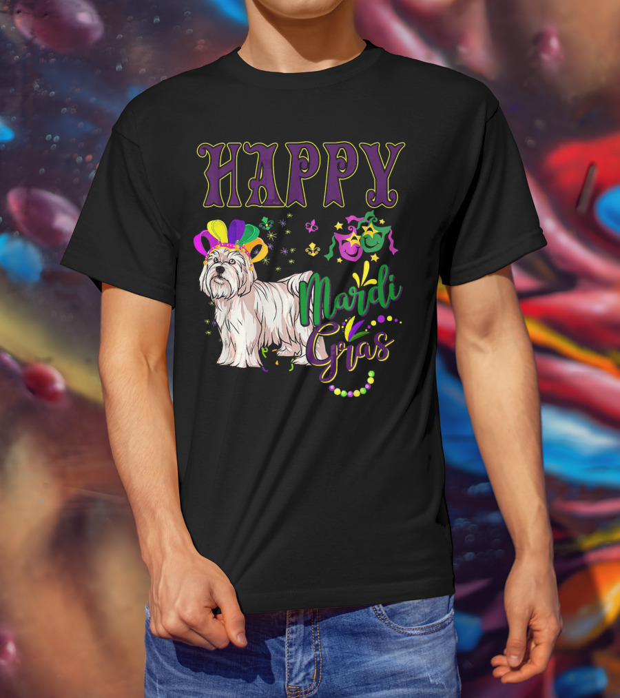 Happy Mardi Gras Maltese With Colorful Masks And Beads T-Shirt