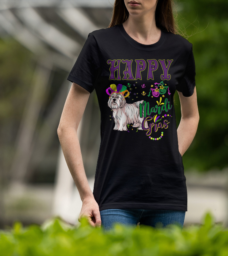 Happy Mardi Gras Maltese With Colorful Masks And Beads T-Shirt