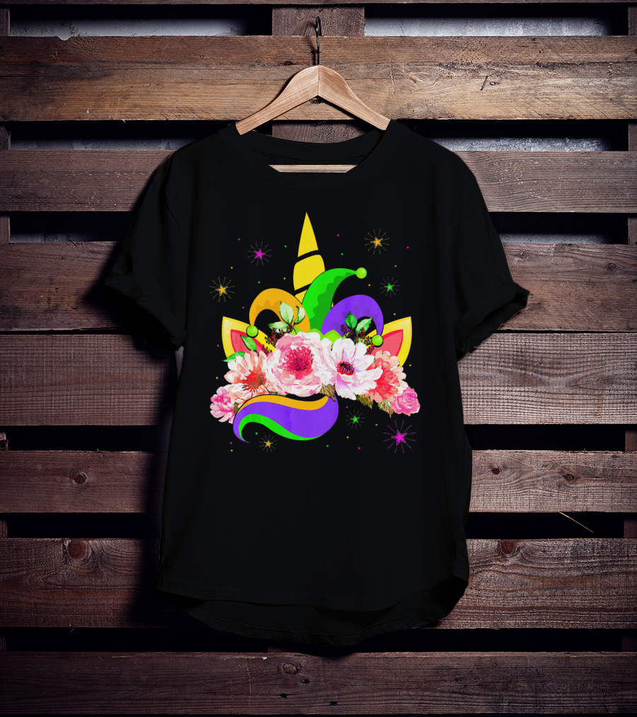 Mardi Gras Unicorn Costume With Mask Bea Floral Headpiece And Colorful Jester Hat T-Shirt