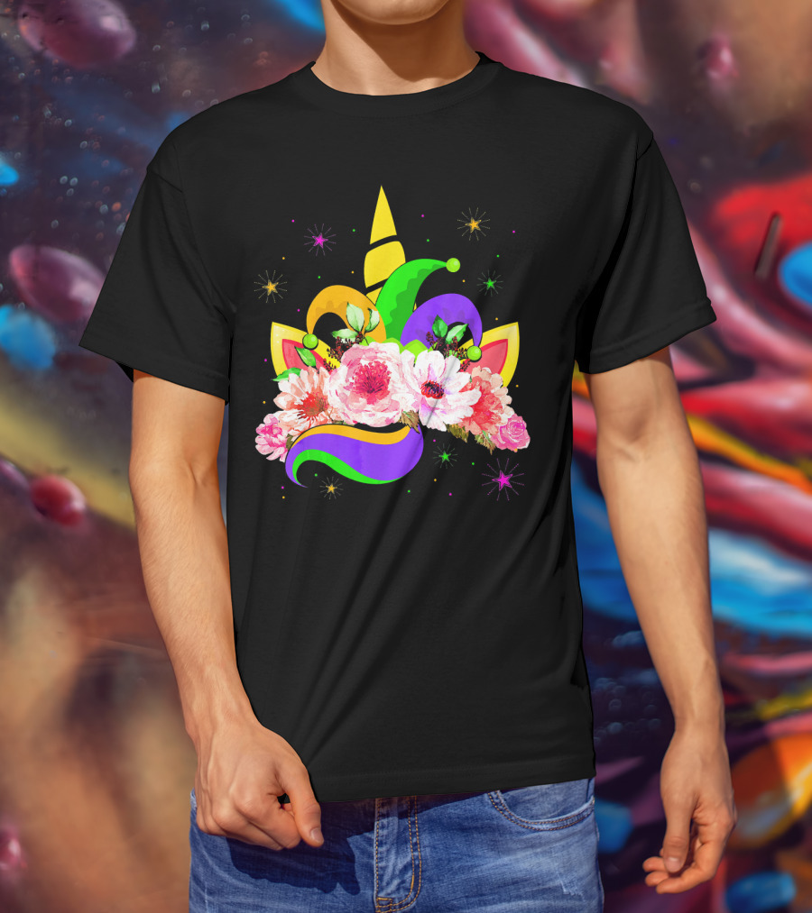 Mardi Gras Unicorn Costume With Mask Bea Floral Headpiece And Colorful Jester Hat T-Shirt