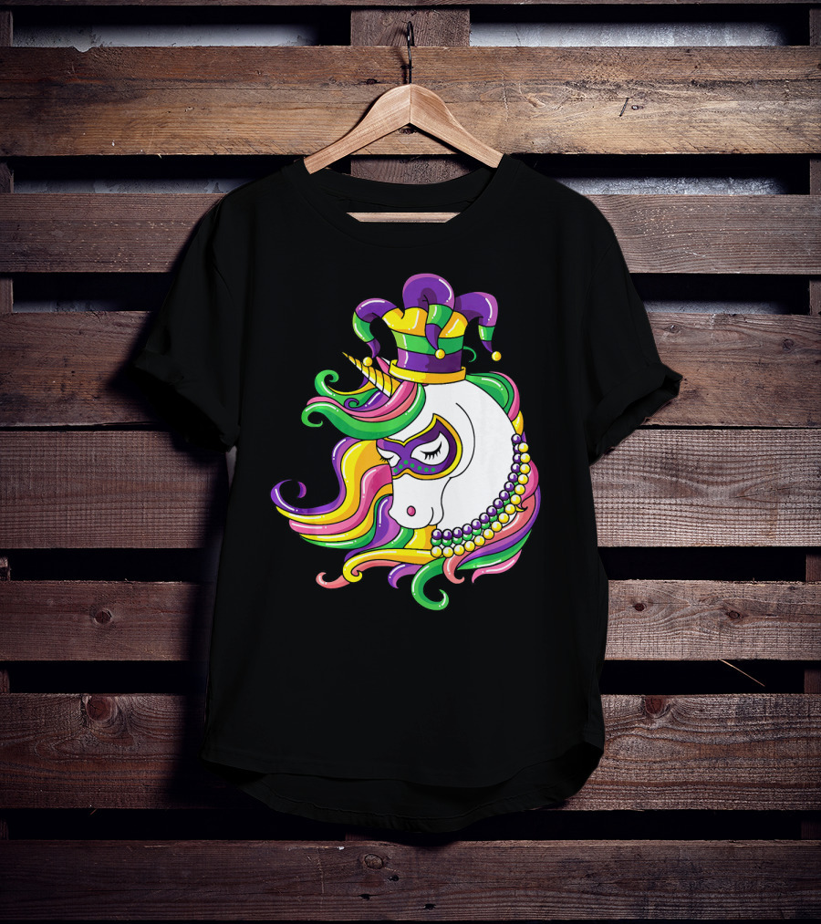 Jester Hat Rainbow Unicorn Mardi Gras Beads T-Shirt