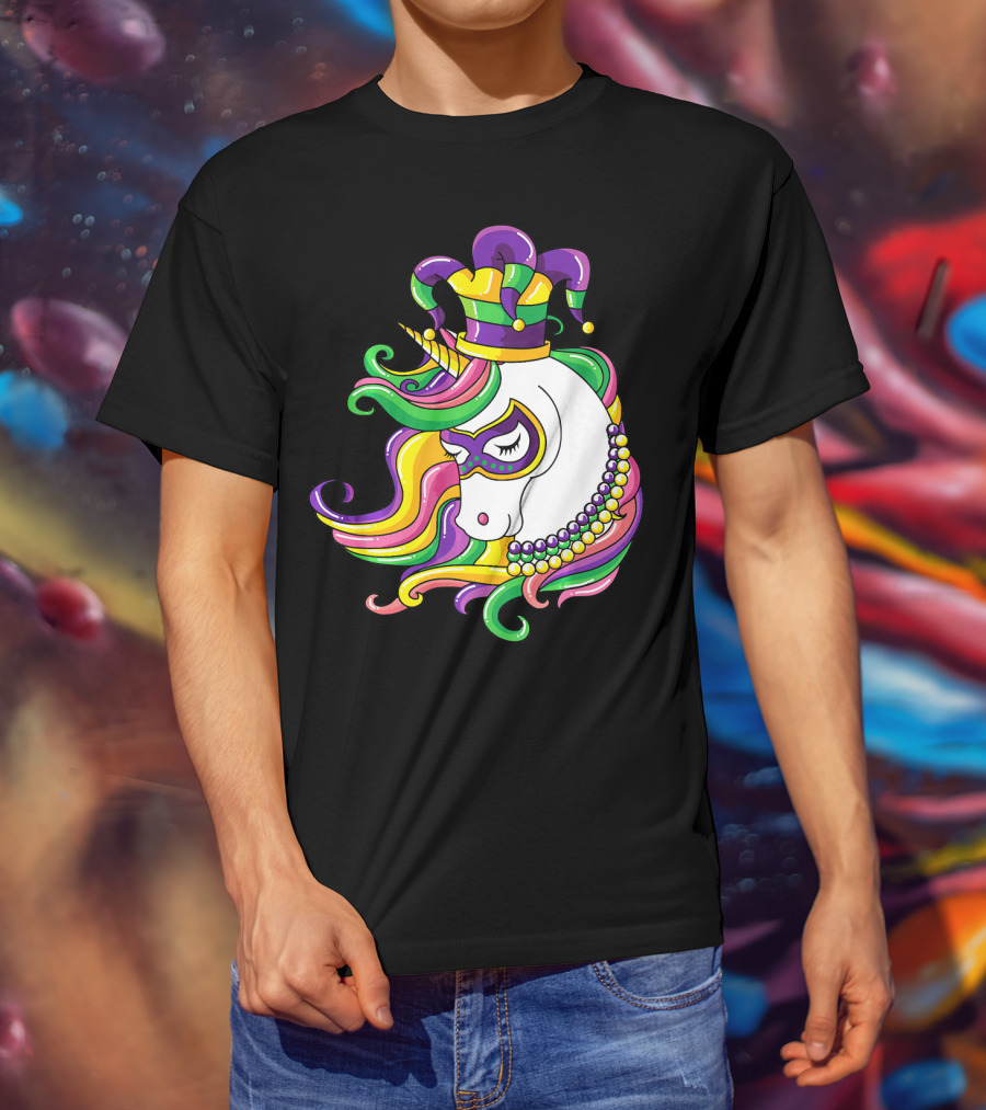Jester Hat Rainbow Unicorn Mardi Gras Beads T-Shirt