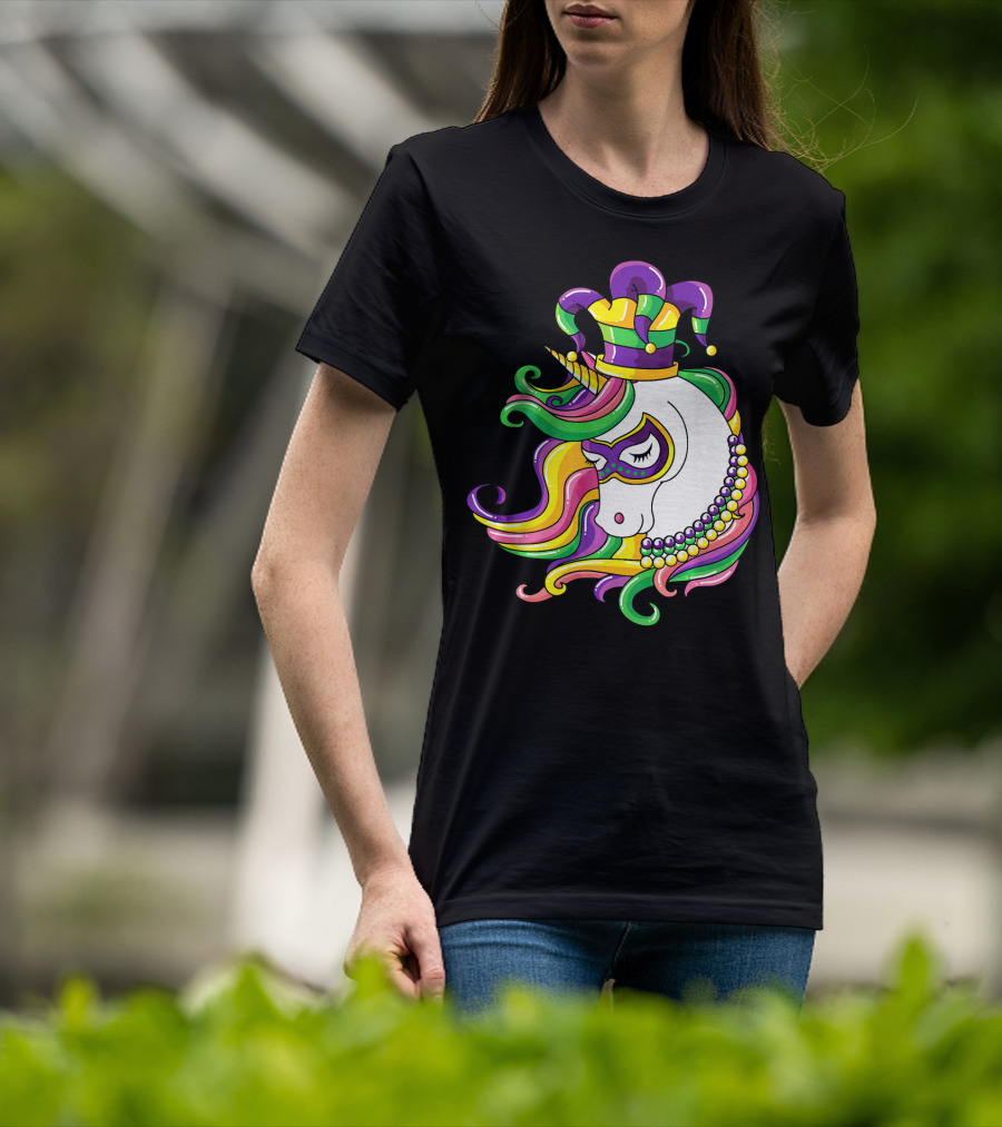 Jester Hat Rainbow Unicorn Mardi Gras Beads T-Shirt