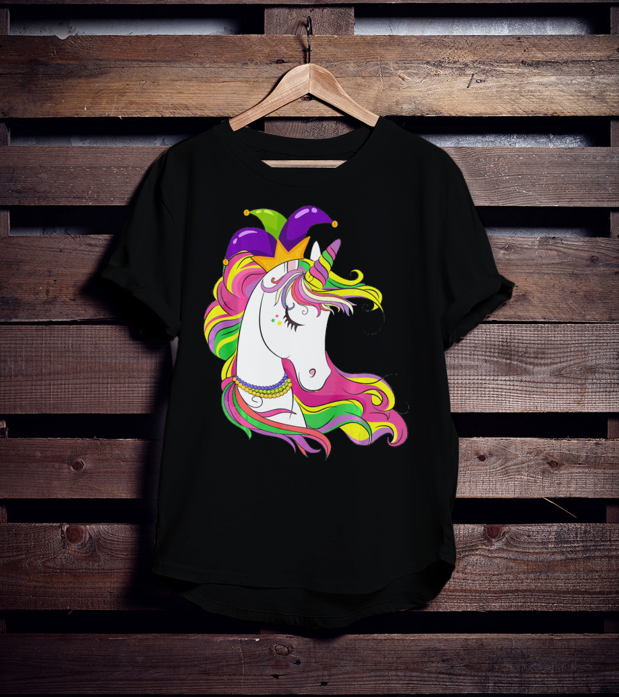 Jester Rainbow Unicorn Mardi Gras Costume With Colorful Mane And Hat T-Shirt