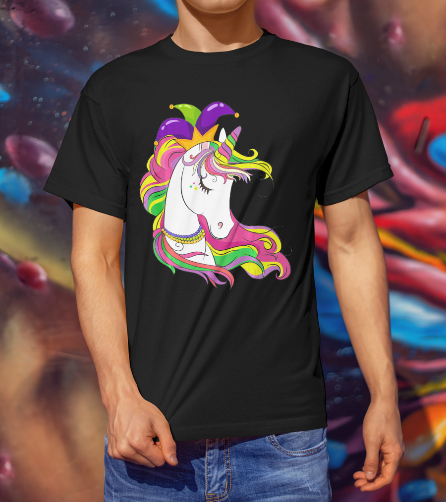 Jester Rainbow Unicorn Mardi Gras Costume With Colorful Mane And Hat T-Shirt