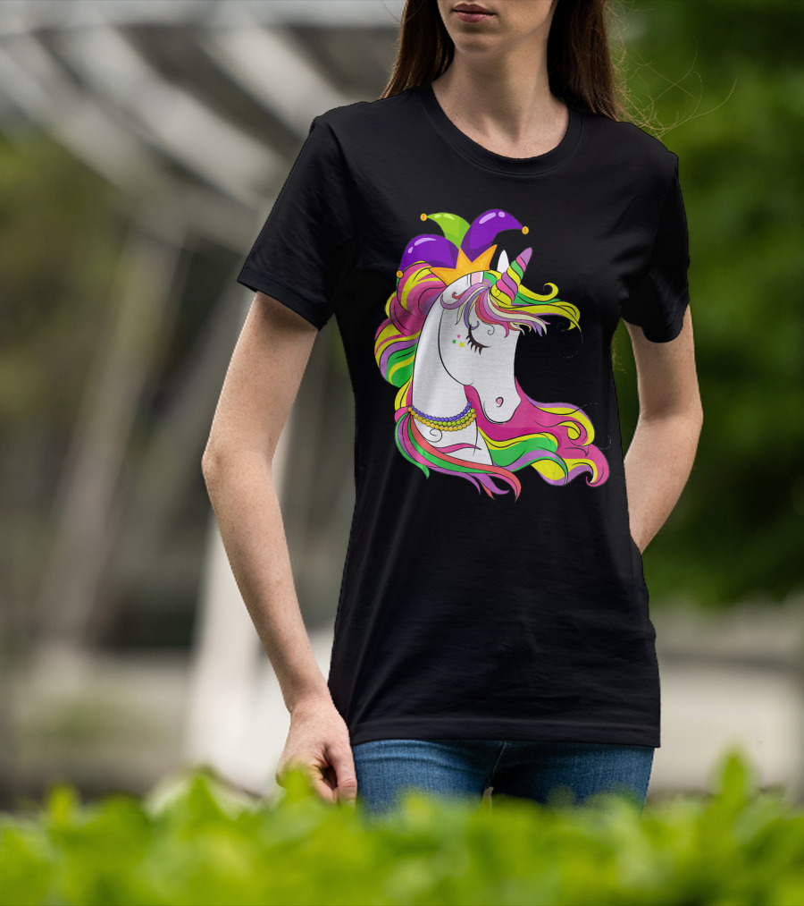 Jester Rainbow Unicorn Mardi Gras Costume With Colorful Mane And Hat T-Shirt