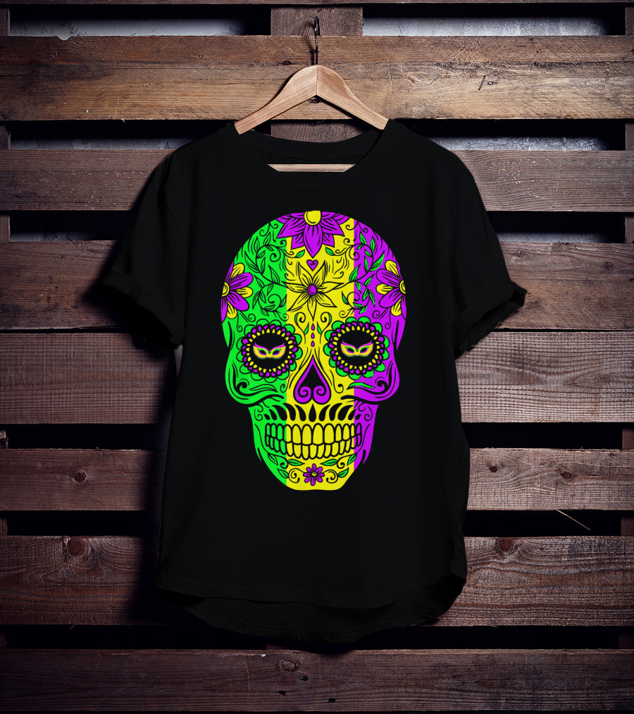 Mardi Gras Sugar Skull With Jester Hat Design And Colorful Floral T-Shirt