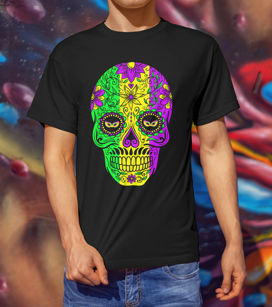 Mardi Gras Sugar Skull With Jester Hat Design And Colorful Floral T-Shirt