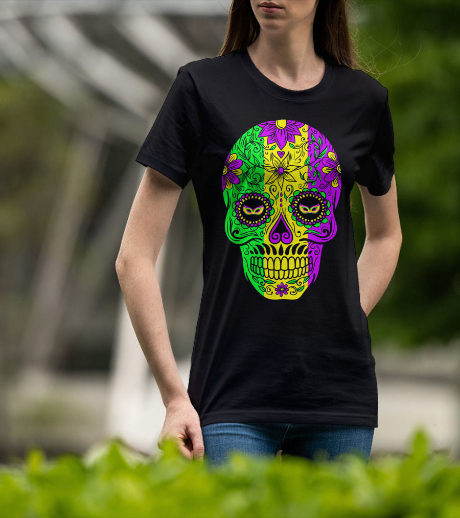 Mardi Gras Sugar Skull With Jester Hat Design And Colorful Floral T-Shirt