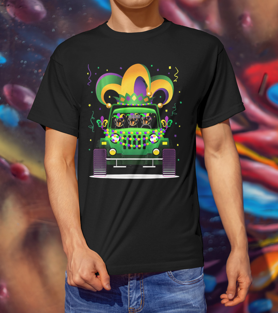 Dachshund Riding Jeep Mardi Gras Beads Jester Hat T-Shirt