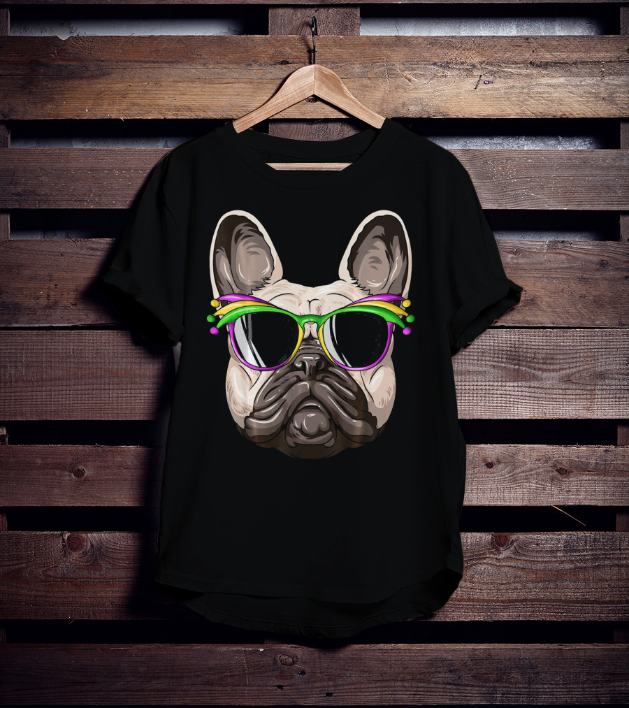 French Bulldog With Mardi Gras Jester Sunglasses T-Shirt