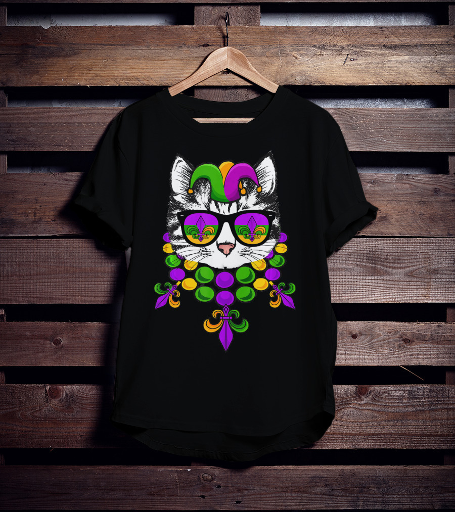 Mardi Gras Cat Meow Kitten New Orleans Jester Hat Fleur-de-Lis Beads T-Shirt