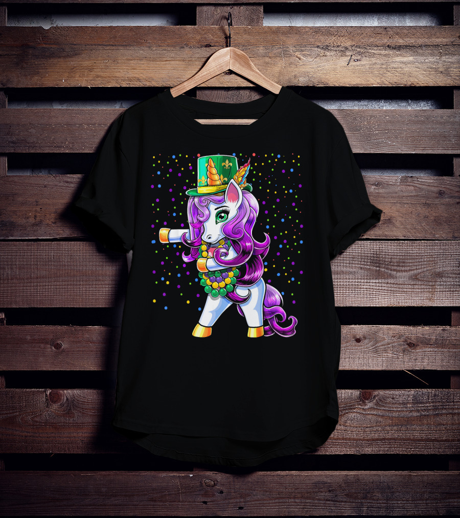 Mardi Gras Unicorn Flossing With Jester Hat And Beads T-Shirt