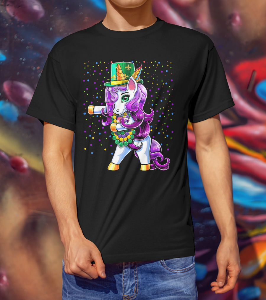 Mardi Gras Unicorn Flossing With Jester Hat And Beads T-Shirt