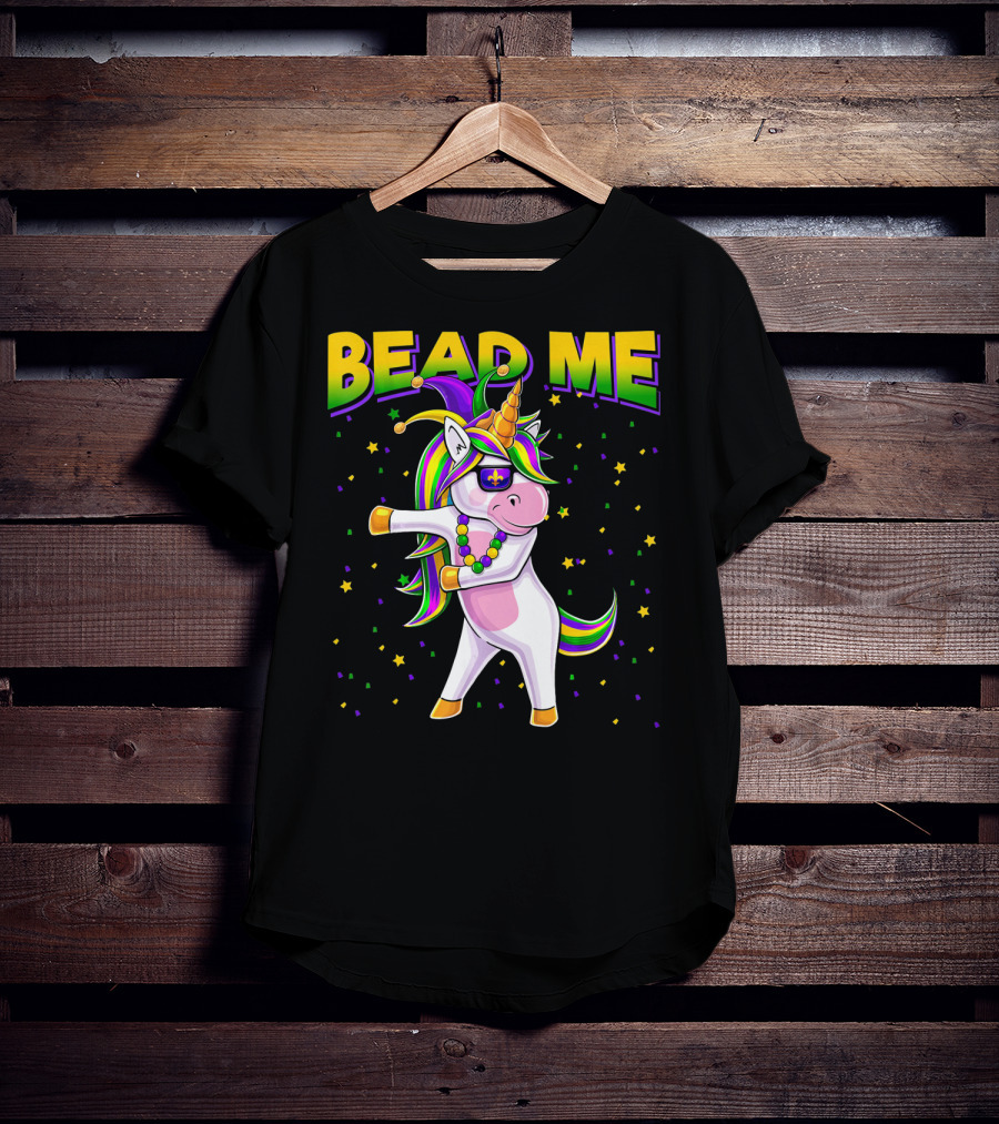 Bead Me Mardi Gras Flossing Unicorn Jest Fleur-de-lis Stars T-Shirt