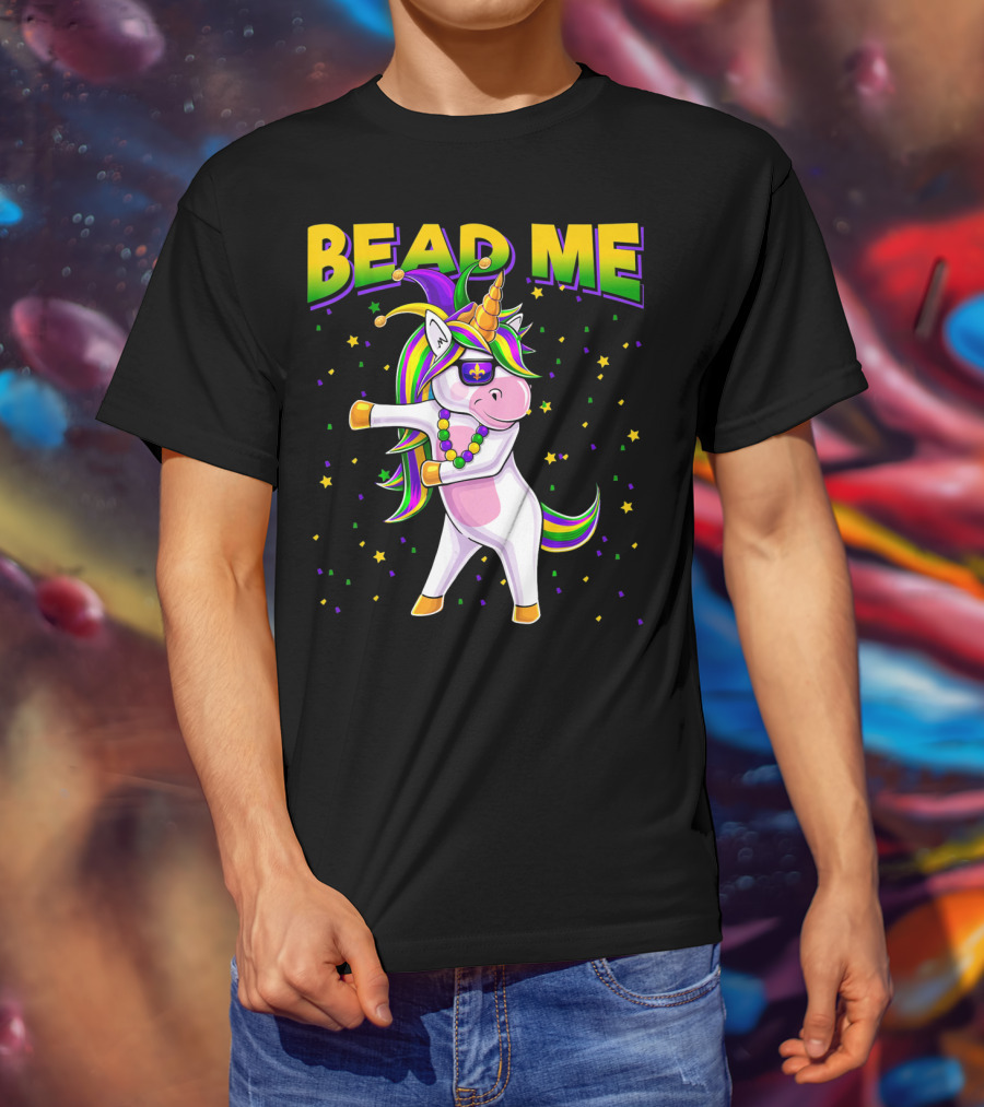 Bead Me Mardi Gras Flossing Unicorn Jest Fleur-de-lis Stars T-Shirt