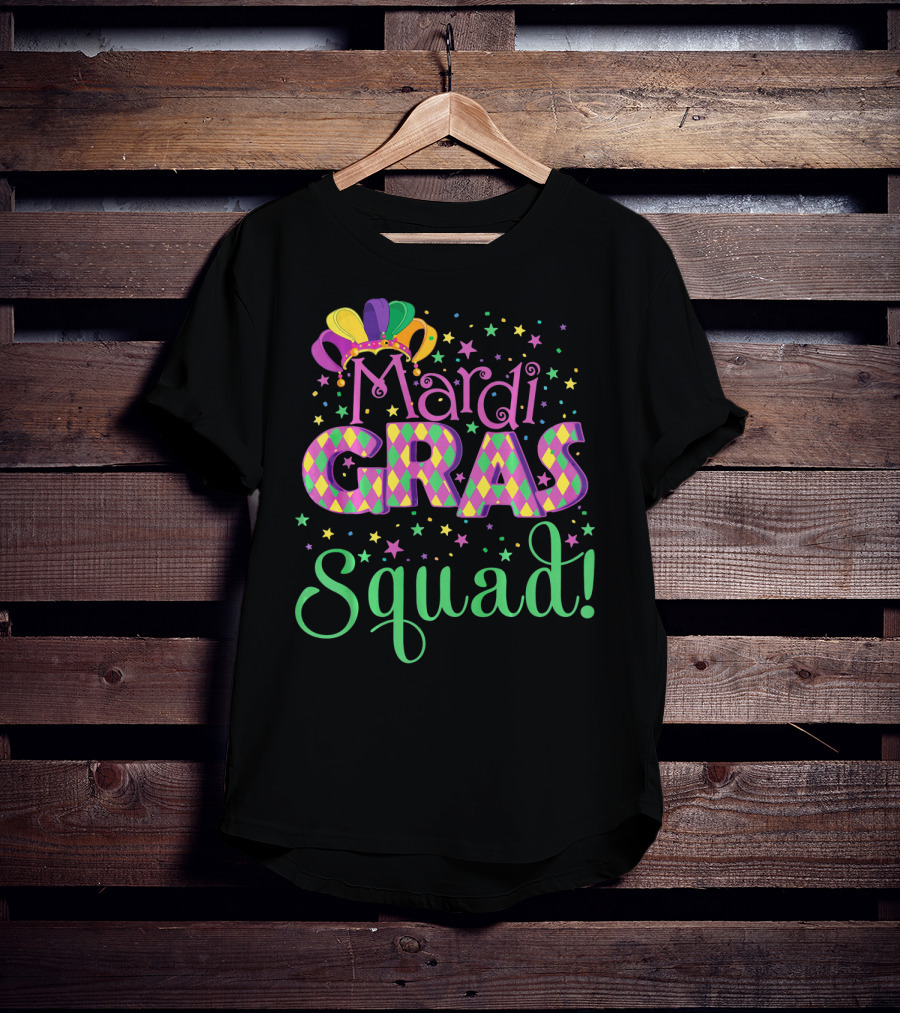 Mardi Gras Squad Funny Carnival Colorful Jester Hat And Stars T-Shirt