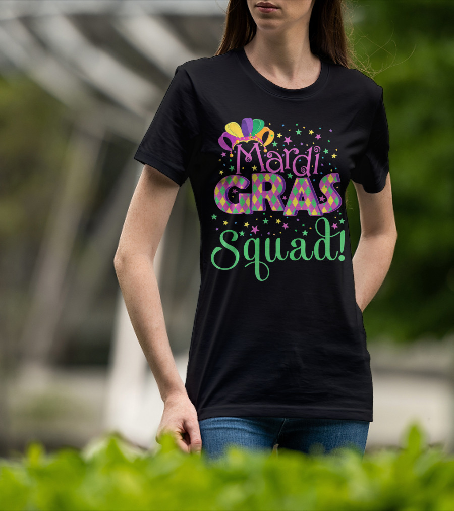 Mardi Gras Squad Funny Carnival Colorful Jester Hat And Stars T-Shirt