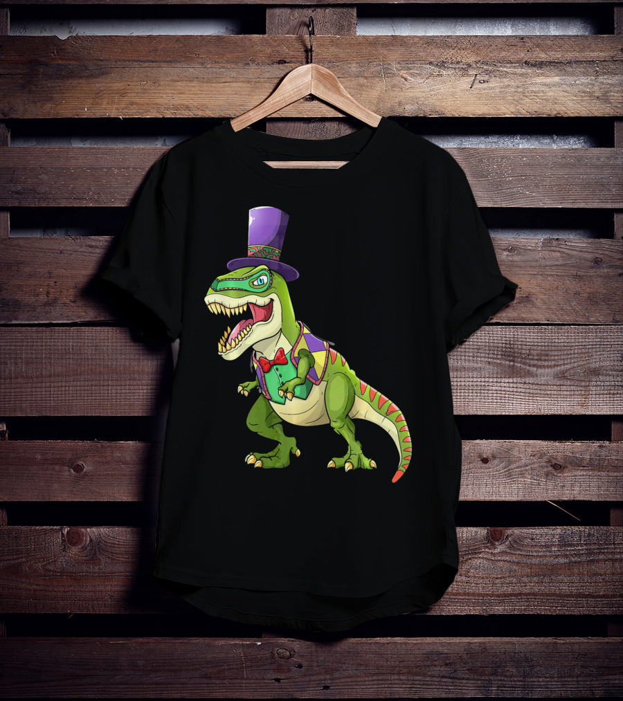 Mardi Gras Dinosaur Wearing Top Hat And Bow Tie T-Shirt