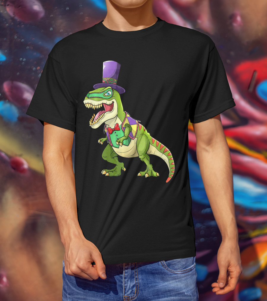 Mardi Gras Dinosaur Wearing Top Hat And Bow Tie T-Shirt