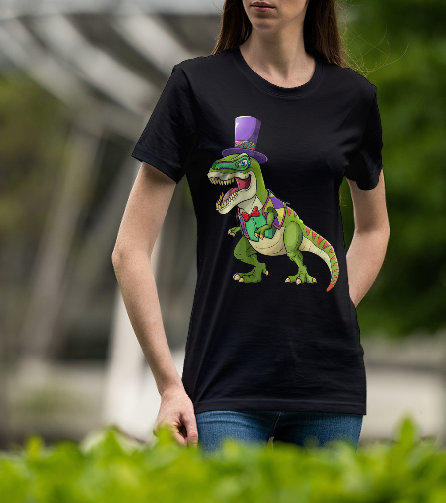 Mardi Gras Dinosaur Wearing Top Hat And Bow Tie T-Shirt