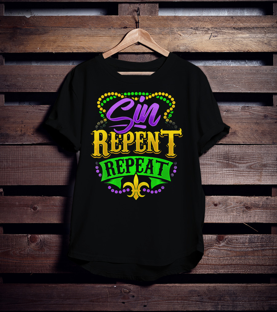 Mardi Gras Sin Repent Repeat Fleur De Lis Beads T-Shirt