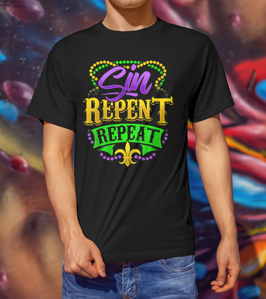 Mardi Gras Sin Repent Repeat Fleur De Lis Beads T-Shirt