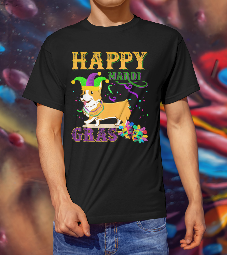Happy Mardi Gras Welsh Corgi Costume Party T-Shirt