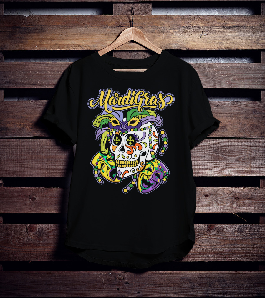 Mardi Gras Sugar Skull With Beads And Mask T-Shirt
