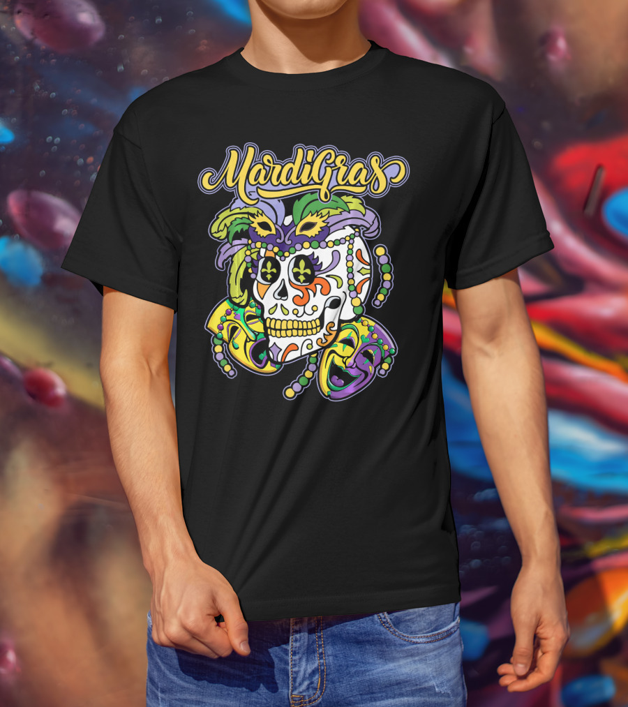 Mardi Gras Sugar Skull With Beads And Mask T-Shirt