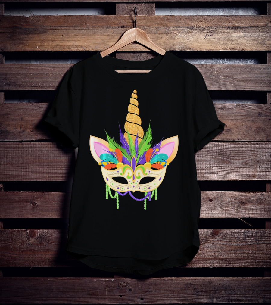 Unicorn Mask With Feathers And Beads Mardi Gras T-Shirt