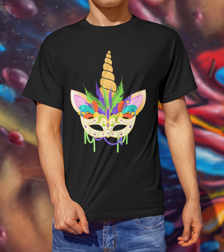 Unicorn Mask With Feathers And Beads Mardi Gras T-Shirt